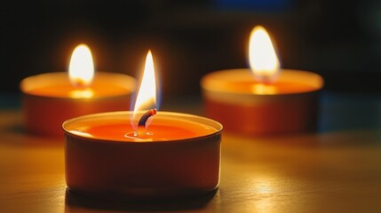 Warm Glow of Three Orange Candles Illuminating a Dark Space