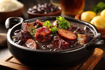 Feijoada a Brazilian culinary tradition Tasty meal featuring feijoada and crackling