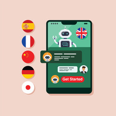 Learning different foreign languages with Smart Ai chat bot on smartphone screen