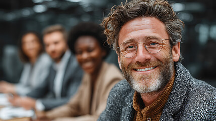 Fototapeta premium Diverse group of professionals in business attire collaborating in a conference room engaging discussion modern office positive atmosphere
