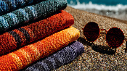 Vibrant beach scene with colorful towels and trendy sunglasses beachside relaxation photography sunny environment close-up view summer vibes