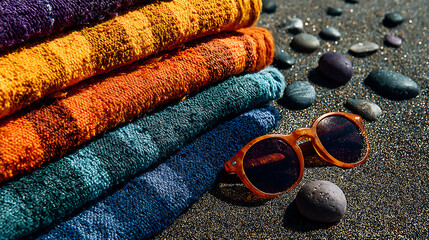 Colorful beach towels and sunglasses scattered on sand sunny coastline vibrant still life relaxing atmosphere close-up view summer vibes