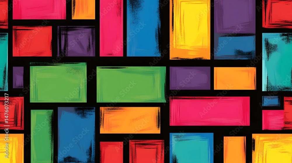 Poster vibrant, abstract pattern of overlapping rectangles in bold colors.