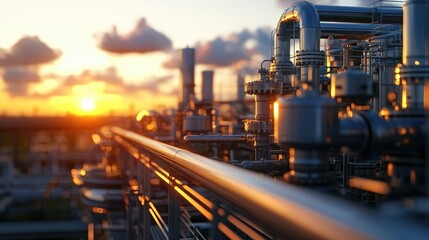 Naklejka premium Industrial pipelines and equipment reflect the warm glow of the setting sun at an oil and gas refinery.