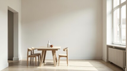 Fototapeta premium Minimalist dining area design with light wood table and chairs, showcasing a bright and airy interior