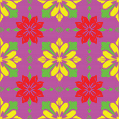 Seamless wallpapers, geometric flower patterns, pink background and red-yellow-green flowers express a fun, lively, vector-style mood.