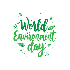 Vibrant hand-lettered world environment day artwork with scattered green leaves