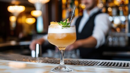 A beautifully crafted cocktail sits on the bar with a garnish of fruit and herbs. In the background, a bartender is preparing drinks in a vibrant setting during the evening