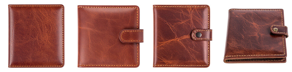 Elegant brown leather wallet, PNG set, Transparent background