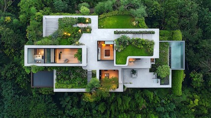 Modern aerial view of luxurious home integrated with nature, featuring green roofs