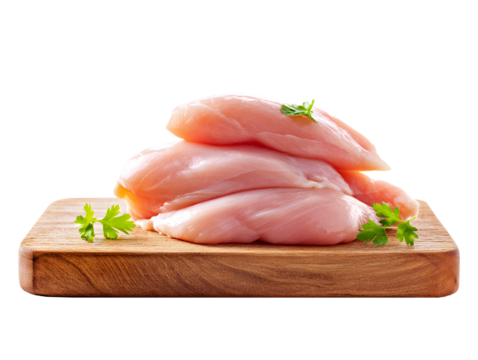 Raw chicken breasts stacked  on a wooden cutting board.