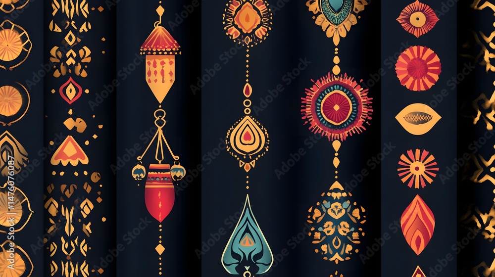 Poster vertical patterned textile design with colorful decorative elements.
