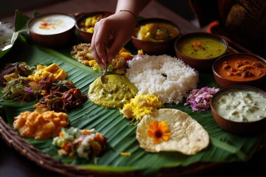 Onam feast Kerala women enjoy boiled rice and traditional dishes like curries papadum dessert yogurt and banana chips