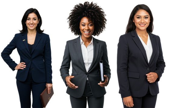Three Confident Professional Women in Office Attire Posing Together Against a transparent background, Each Representing Diversity and Elegance in Business Settings
