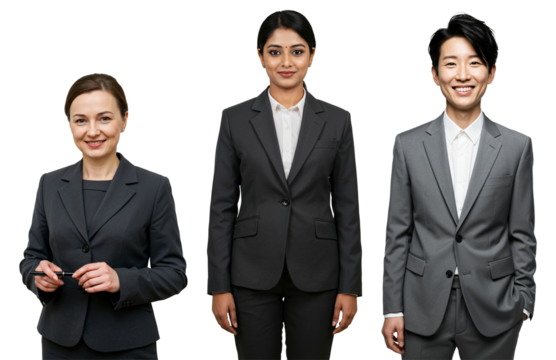 Group of Diverse Business Professionals: A Woman in Formal Attire Holding a Pen, a Woman in Suit with Arms at Her Sides, and a Man in Business Wear with a Smile Against a transparent background