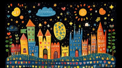 Obraz premium Cartoon Cityscape with Colorful Buildings Night Sky Art