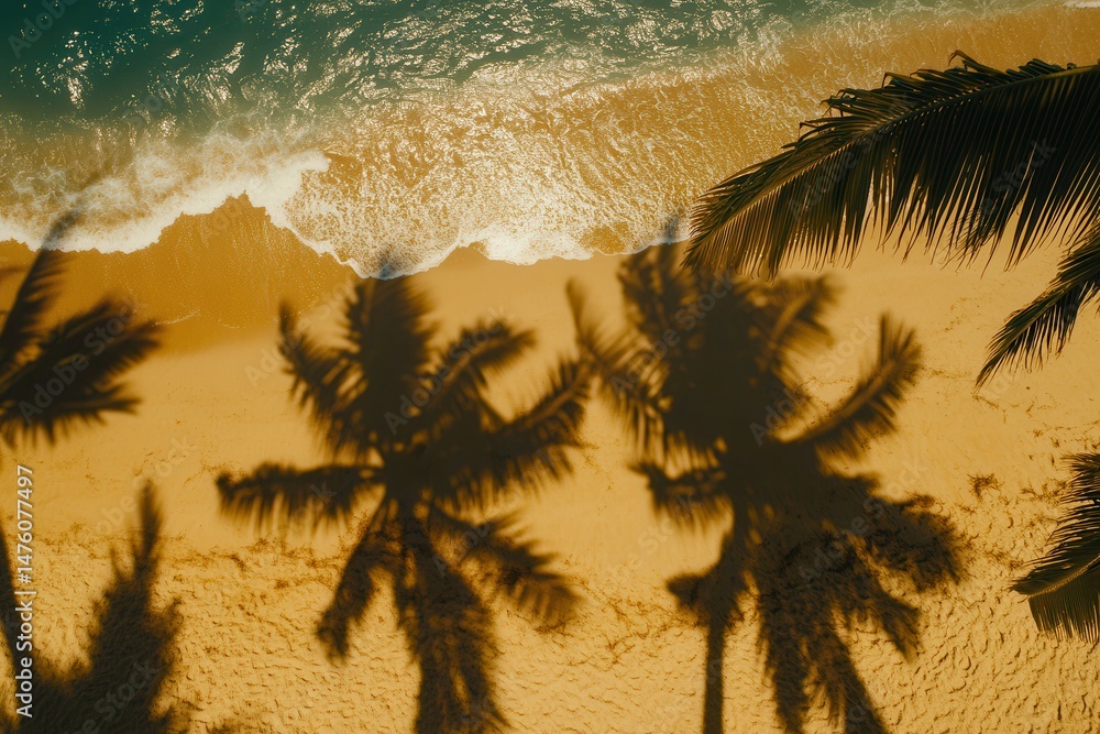Poster aerial view of palm tree shadows on a sandy beach with ocean waves in the background