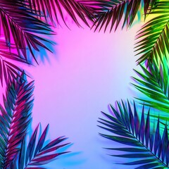 Fototapeta premium Vibrant tropical palm leaves in various shades of green, gracefully arching against a serene blue background, creating a refreshing and exotic atmosphere.