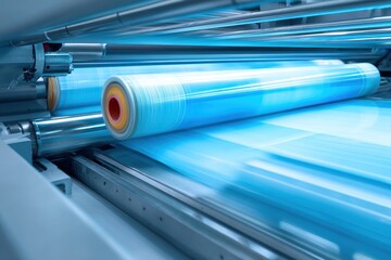Obraz premium Operation of a plastic bag production machine with lighting effects close up of the machine s roller in a light blue setting