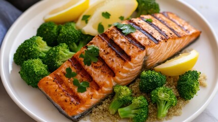 A colorful plate features grilled salmon paired with fresh steamed broccoli and quinoa. Lemon wedges add a refreshing touch, perfect for a nutritious dinner