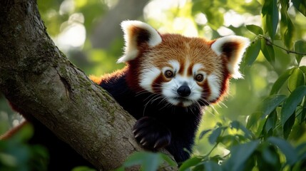 A curious red panda is perched on a tree branch, surrounded by green leaves and dappled sunlight. Its vibrant fur contrasts beautifully with the serene woodland backdrop