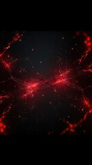 An abstract, dark background with vibrant red, luminous particles scattered throughout the image