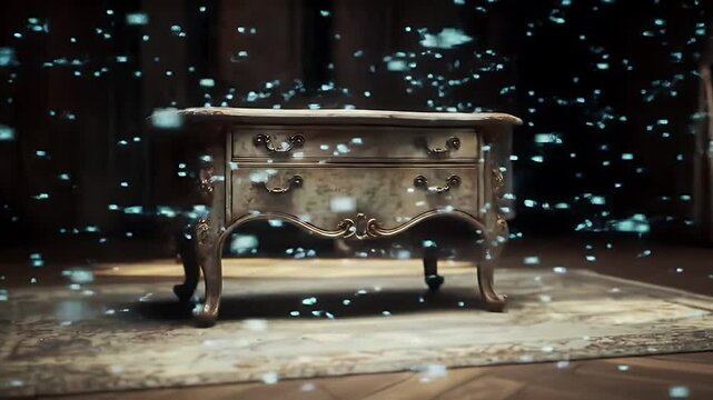 Antique Wooden Dresser Adorned With Digital Elements On Patterned Rug and Parquet Floor