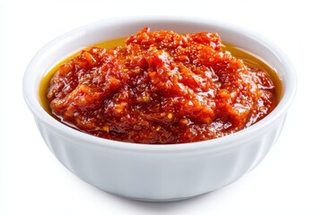 Orange vegetable spread made from bell peppers eggplants and oil served in a white bowl with marinara salsa chutney or lutenica