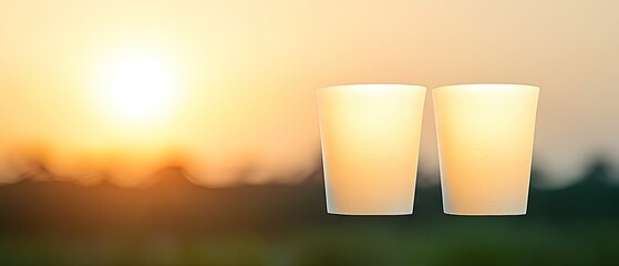 Two glasses against a golden sunset landscape backdrop