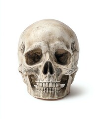 Realistic Horror Skull Isolated on White Background A realistic human skull model showcasing intricate details of anatomy for educational or artistic purposes.