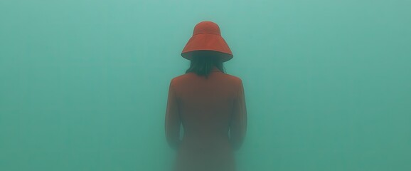 Woman in Red, Teal Background