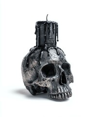 Realistic Horror Skull Isolated on White Background A unique black skull-shaped candle features dark dripping wax, creating a striking centerpiece for themed events or decor.