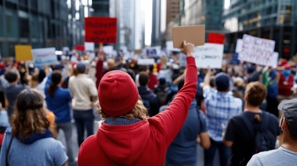 Activists fill the streets of a bustling urban area, holding signs and chanting slogans in support of social justice. The protest showcases community engagement and activism