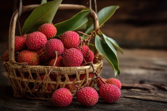 Organic lychee in a bamboo basket on aged wood