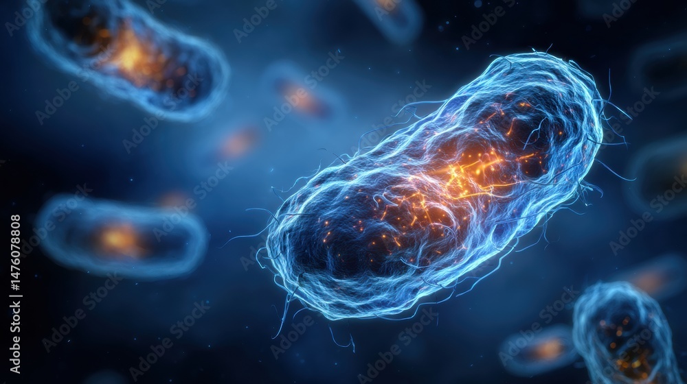 Poster Bacteria Illustration Featuring Glowing Nucleus on a Blue Background Showcasing Cell Structure in a Vibrant Setting
