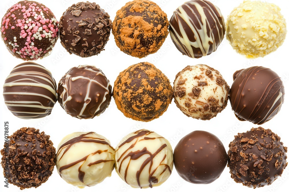 Poster assorted chocolate truffles arranged in a grid, showcasing various toppings and textures