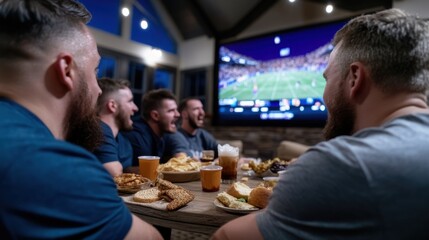 A group of friends gathers in a warmly lit living room to share a festive meal while watching an exciting sports game on a large screen. The atmosphere brims with laughter and camaraderie