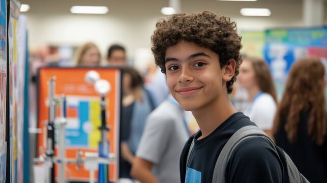 A middle school student stands confidently with a smile, engaging with his project at a science fair. Background shows other students and numerous exhibits, creating an energetic atmosphere
