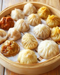 Assorted dumplings in a bamboo steamer with wooden background, showcasing various fillings and textures