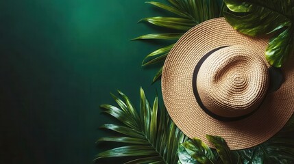 Tropical Summer Vacation Sun Hat and Lush Green Leaves