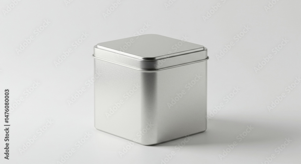Aufkleber empty square tin container with lid resting on a plain white surface. product mockup for packaging d