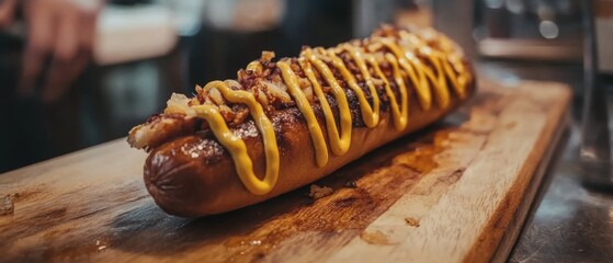 Gourmet Hot Dog Close Up on Wooden Board with Mustard and Fried Onions Delicious Food Still Life Restaurant Setting