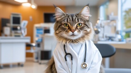 A cat wearing a doctor's coat and stethoscope sits confidently in a veterinary clinic. The bright and modern environment features medical equipment and soft lighting, creating a warm atmosphere