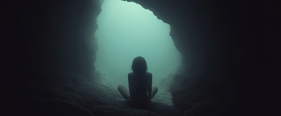 Fototapeta premium Woman meditates in a dark, underwater cave