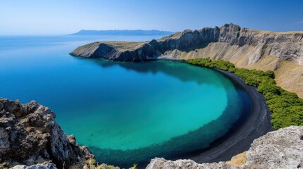 Vibrant turquoise waters gently meet a dramatic black sand beach surrounded by cliffs, creating a breathtaking coastal vista on a clear sunny day