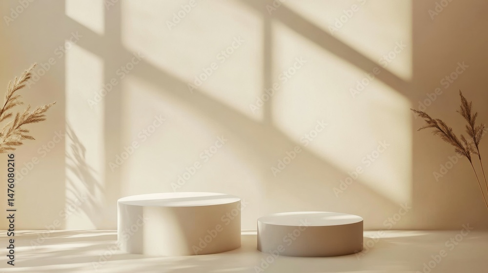 Poster minimalist product display with three white round podiums on beige background with sunlight.