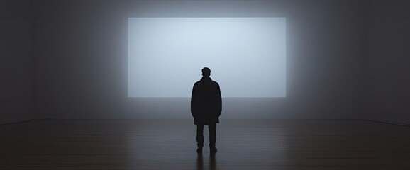 Solitary figure facing a blank screen