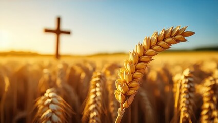 Wheat Field at Sunset with Wooden Cross in Background