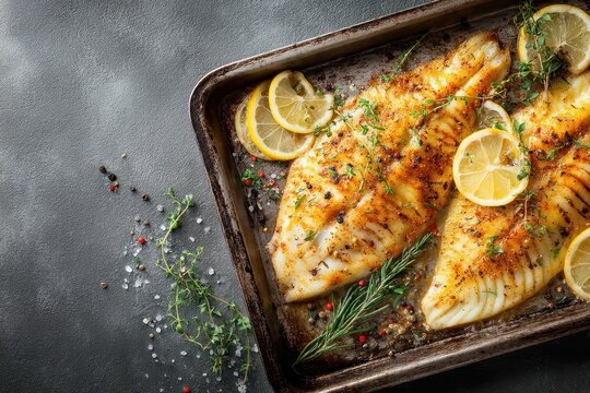 Oven cooked flounder with lemon and seasonings in a baking tray Seafood Overhead perspective Blank area for text