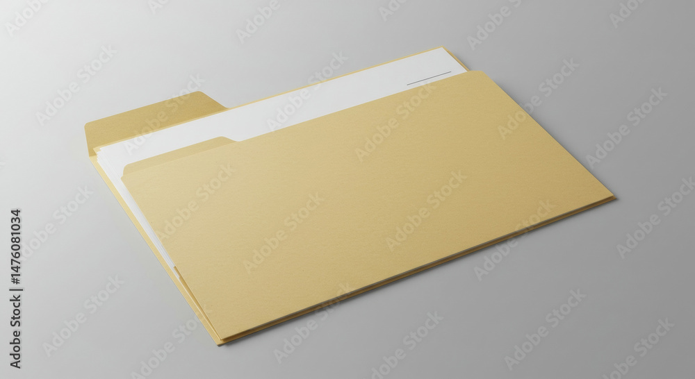 Poster beige file folder with blank white paper inside, resting on a neutral background. empty file folder 